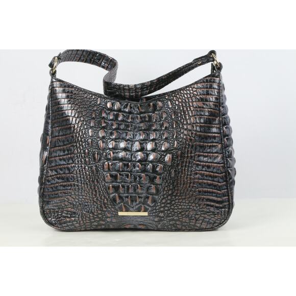 BRAHMIN Bag Metallic Croco Embossed Leather Shoulder Satchel - Picture 1 of 16